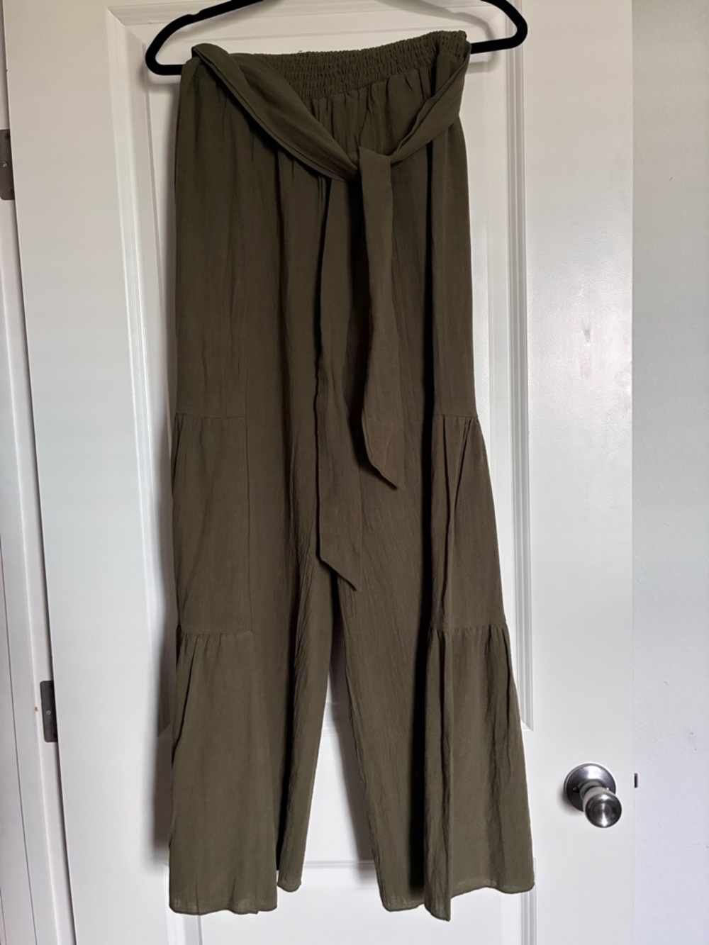 Cotton and Linen Blend Olive Green Tie-Waist Wide Leg Pants - Picture 4 of 8